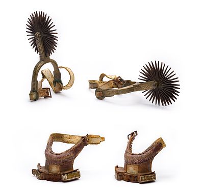 Argentine Gaucho Spurs and Boot Guards Cast brass having stamped and filed floral scroll 