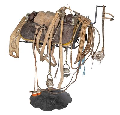 Argentine Gaucho Saddle and Accessory Assortment Having hand tooled leather cylinders, bridle 