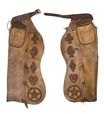 Batwing Leather Studded Chaps Having a hand tooled belt, card suit overlays bordered by studs 