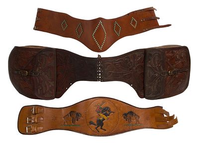 Brown Leather Belt and Saddle Bag Assortment (3) items including a belt having an embossed 