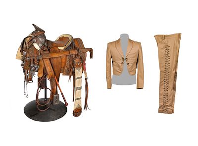 Charro Silver and Leather Saddle and Riding Outfit c.1930, having fine piteado work, pommel 