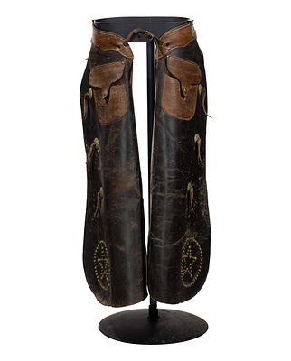 Colorado Saddlery Leather Studded Chaps Bat wing style having nickel conchos, pockets and a 