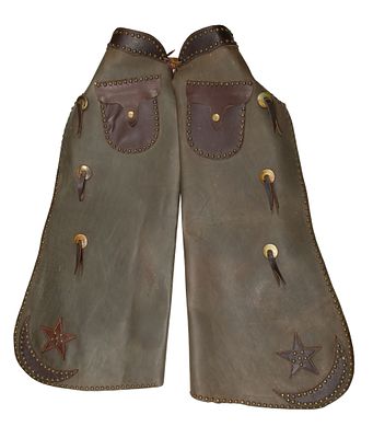 Heiser Batwing Studded Leather Chaps Green leather studded chaps having the Texas star 