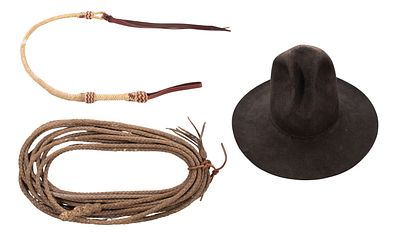 Riding Accessory Assortment (3) total items including a riata (lasso), a rawhide quirt and a 