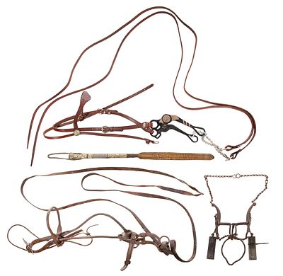 Leather and Metal Horse Tack Assortment (4) items including bridle with bit, (2) reins and a 