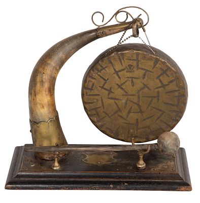 Anglo-Burmese Dinner Gong Having a cast bronze gong marked 'Burmese' suspended from a brass 