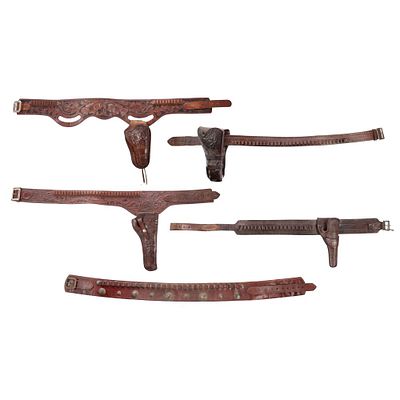 Leather Holster and Belt Assortment (5) items including (4) tooled leather belts with holsters 