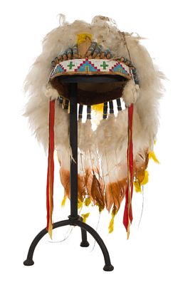 Native American Arapahoe Beaded Feather Headdress Geometric beadwork on hide, having attached 