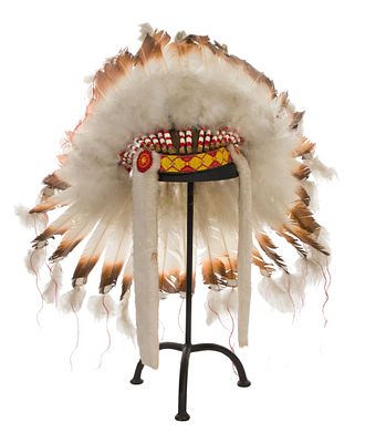 Native American Beaded Feather War Bonnet Geometric beadwork on brown hide having attached 
