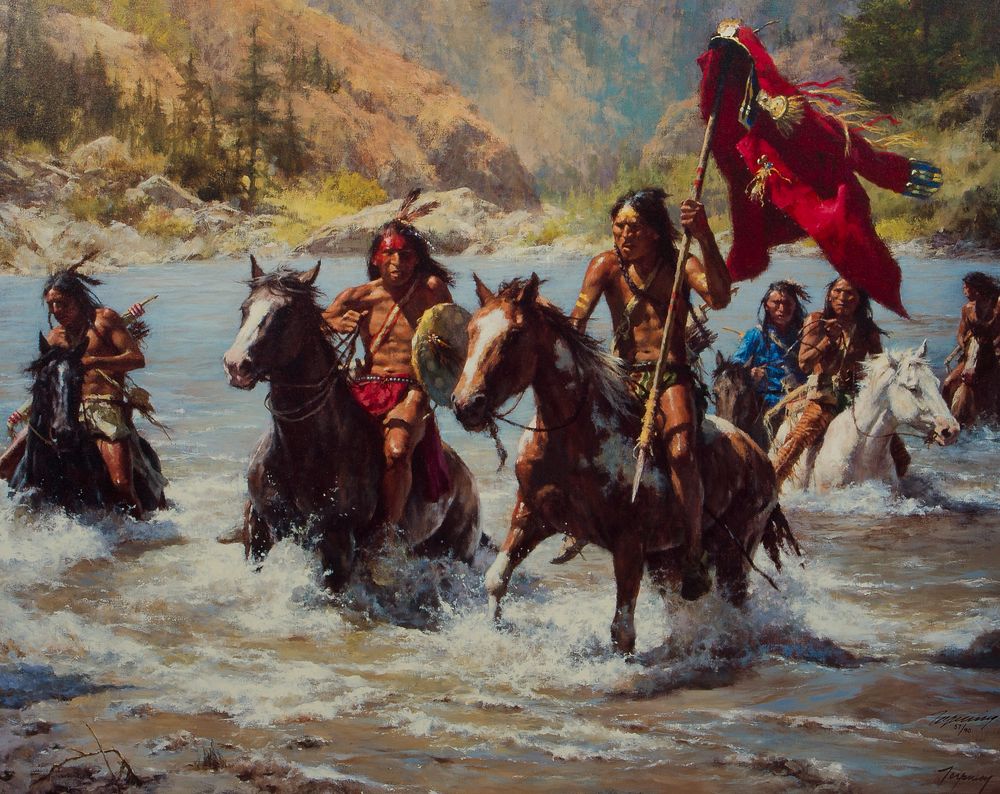 Lot 306: Howard A. Terpning (American, b.1927) 'Capturing the Chief's Coat' Giclee on Canvas