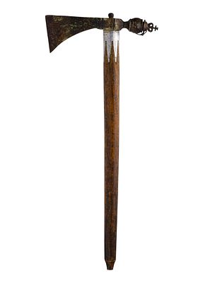 British Tomahawk Pipe c.1780-1830, of plated brass having a dovetail joined steel cutting edge 