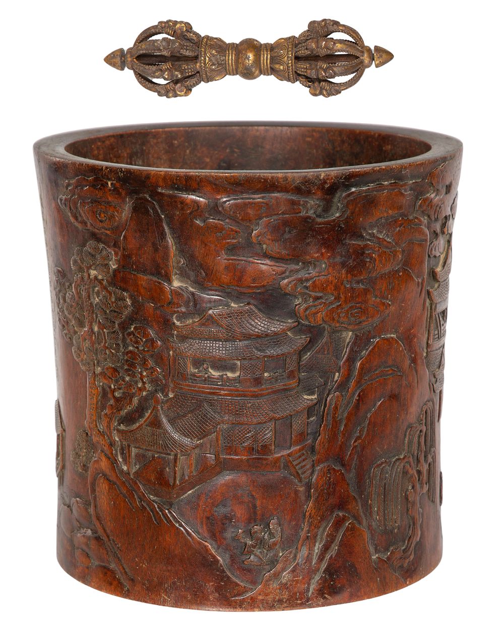 Lot 275: Himalayan Gilt Bronze Vajra and Chinese Carved Wood Brush Pot