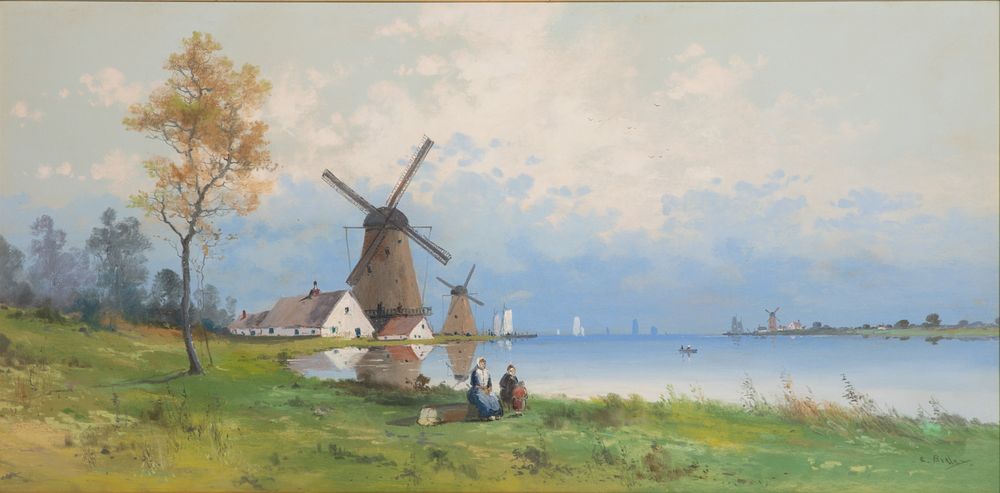 Lot 300: C. Bialet (Continental School, 20th Century) 'Windmills on the Noordendijk' Pastel on Paper