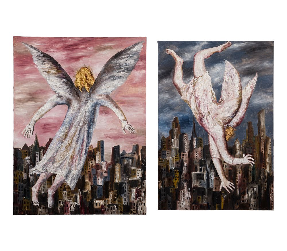 Lot 303: Natalia Nesterova (Russian, b.1944) 'Flying Up to the City' Oils on Canvas Diptych