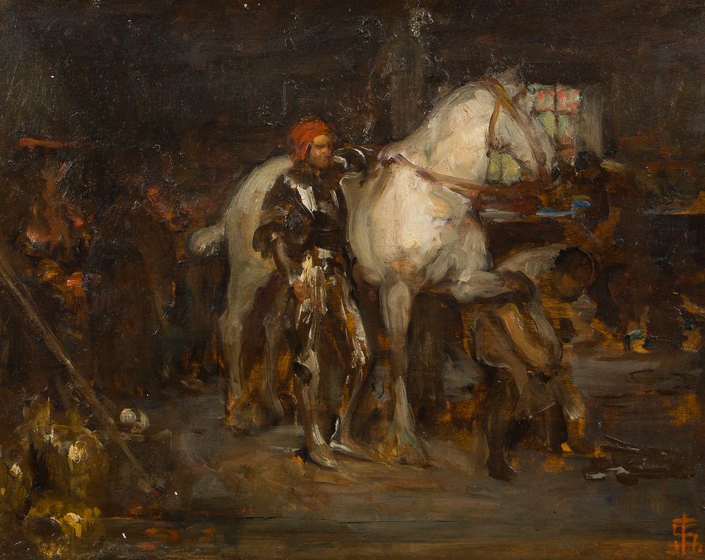 Lot 322: Solomon J. Solomon (British, 1860-1927) 'At the Blacksmith's' Oil on Board