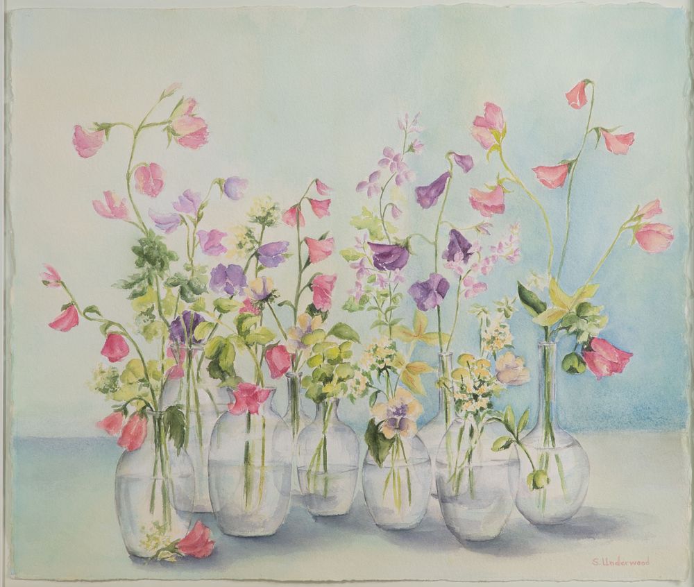 Lot 336: Susan Underwood (American, 20th Century) 'Blooms in Glass Vases' Watercolor on Paper