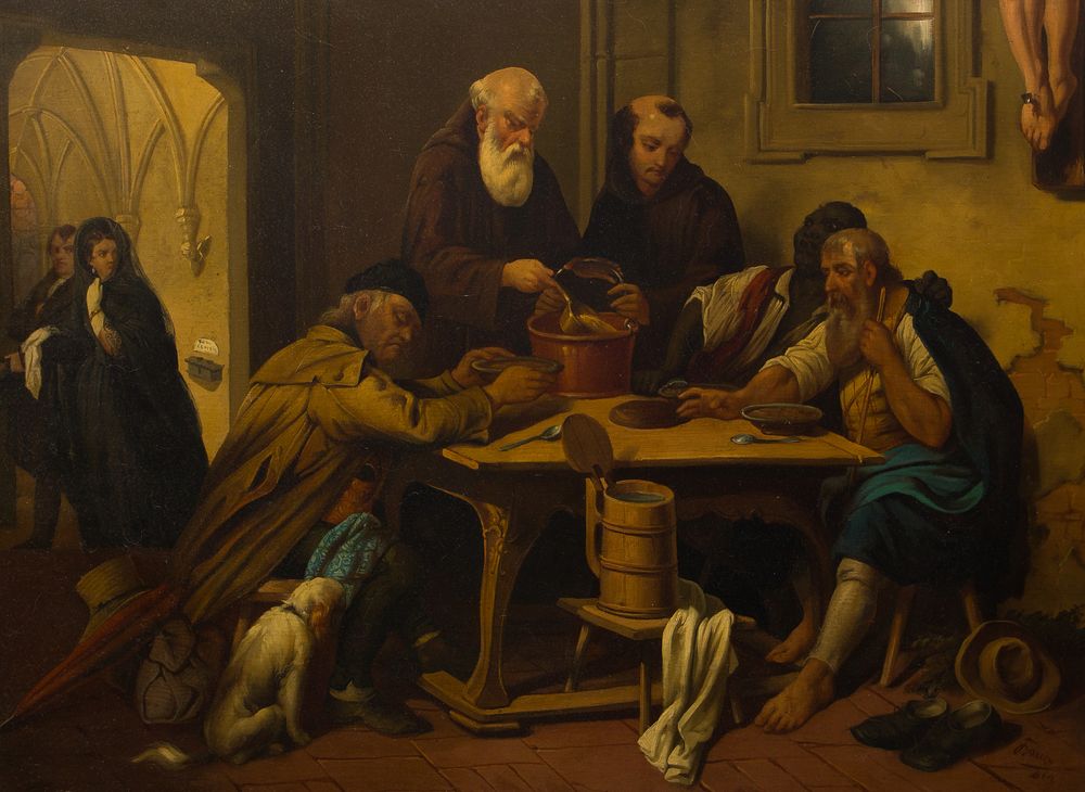 Lot 342: After Josef Danhauser (Austrian, 1805-1845) 'Die Klostersuppe' Oil on Canvas