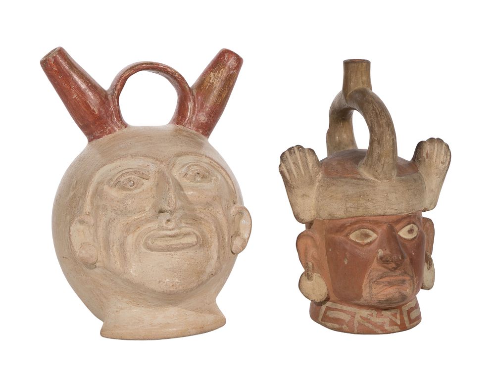 Lot 437: Pre-Columbian Peruvian Moche Style Painted Pottery Stirrup Bottles