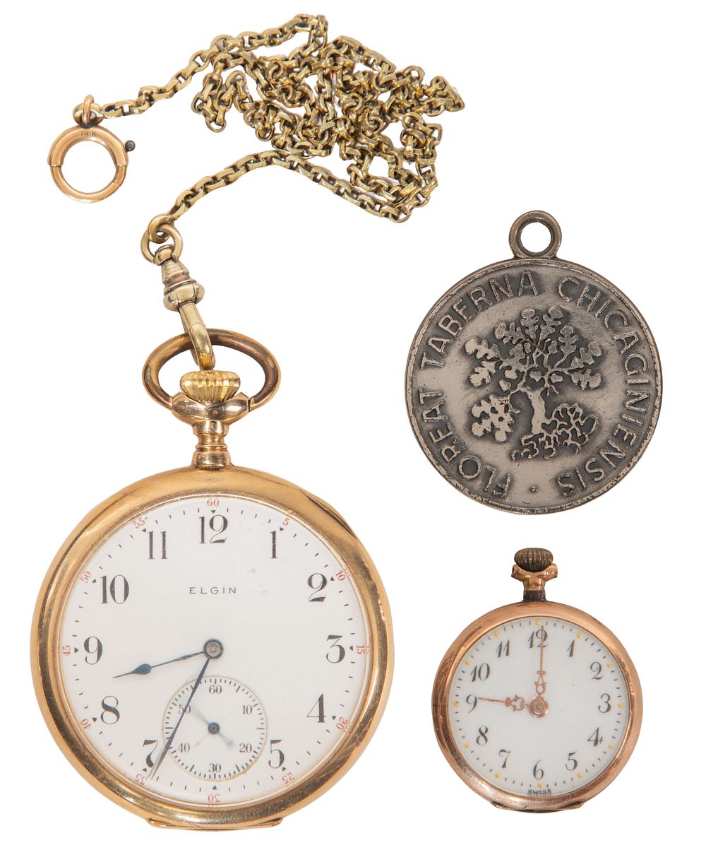 Lot 257: Gold, Gold-Filled and Silver-Plated Pocket Watch and Chain Assortment