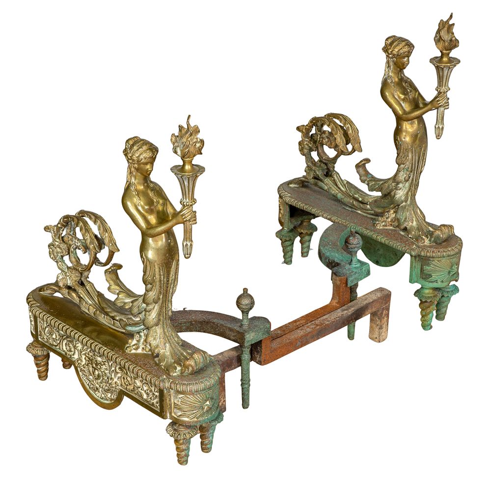 Lot 381: Louis XVI Style Figural Brass Chenets
