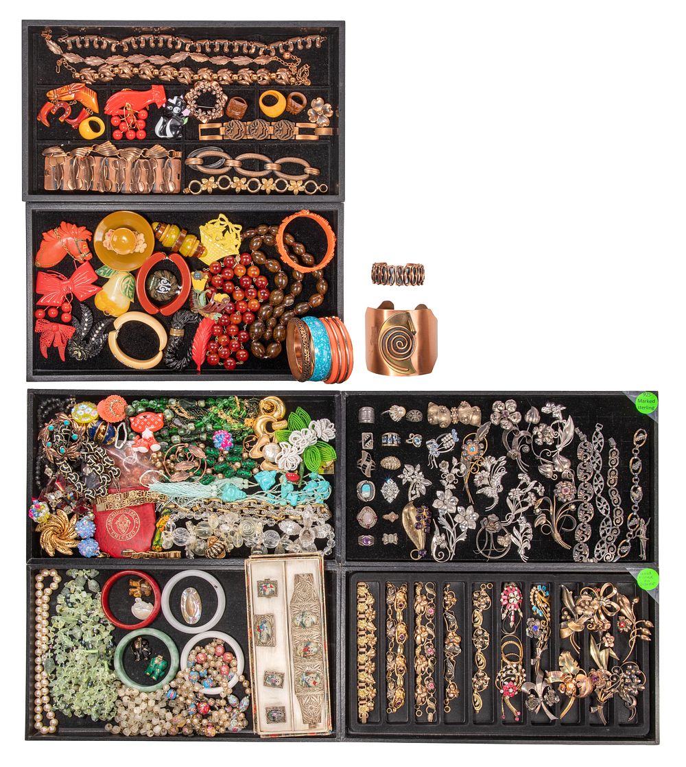 Lot 296: Sterling Silver, Copper, Bakelite, Celluloid and Costume Jewelry Assortment