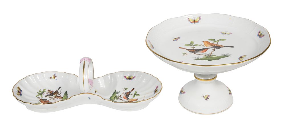 Lot 428: Herend Rothschild Bird Porcelain Cake Platter and Relish Dish