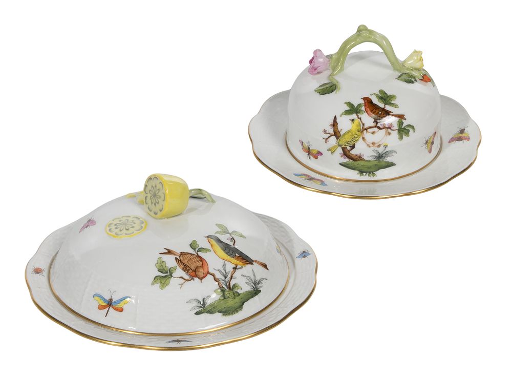 Lot 432: Herend Rothschild Bird Porcelain Covered Muffin Plate and Butter Dish