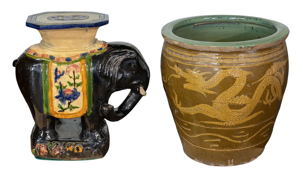 Lot 517: Chinese Elephant Garden Stool and Dragon Jardiniere