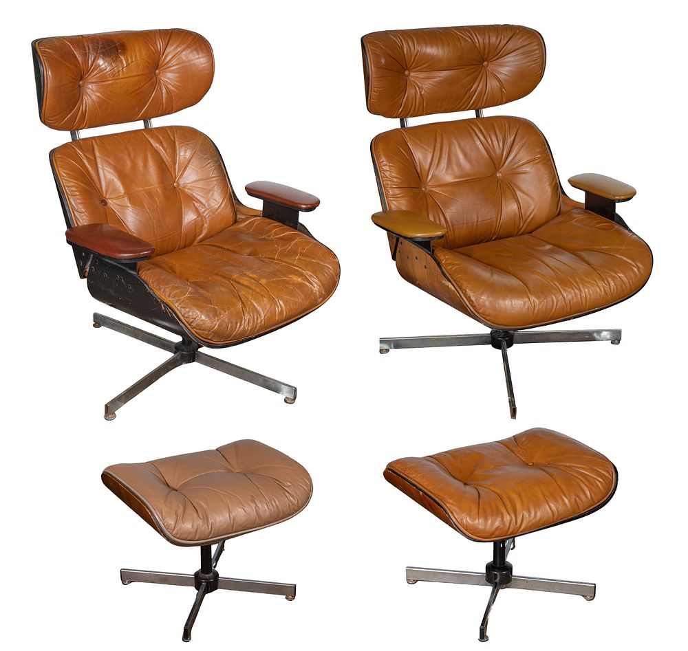 Lot 521: George Mulhauser for Plycraft Lounge Chairs with Ottomans