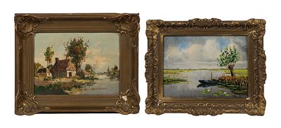 20th Century Oils on Board (2) undated items, one illegibly signed depicting a rowboat on a 
