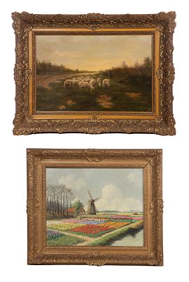 20th Century Oils on Canvas (2) items including a Dutch scene depicting a windmill in tulip 