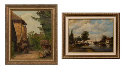 19th Century Oils on Canvas / Board (2) undated, unsigned oils including a farm scene on canvas 