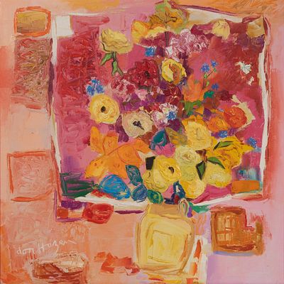 Don Hazen - Don Hazen (American, b.1933) 'Pink, Yellow and Red' Oil on Canvas Undated, signed 