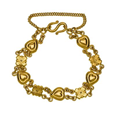 Thai 23k Yellow Gold Bracelet Having heart and flower links connected by chain, S-form clasp 