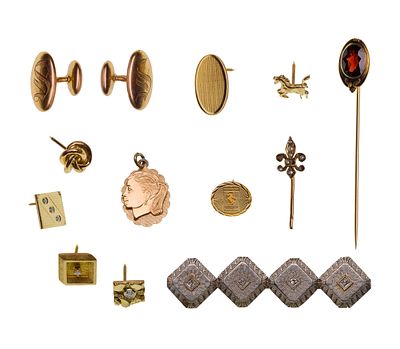 14k Gold Jewelry Assortment (12) items including (7) lapel pins, (2) stick pins, a brooch 