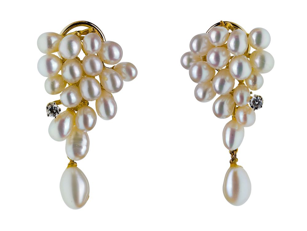 Lot 256: Henry Dunay 18k Yellow Gold, Pearl and Diamond Clip-on Earrings