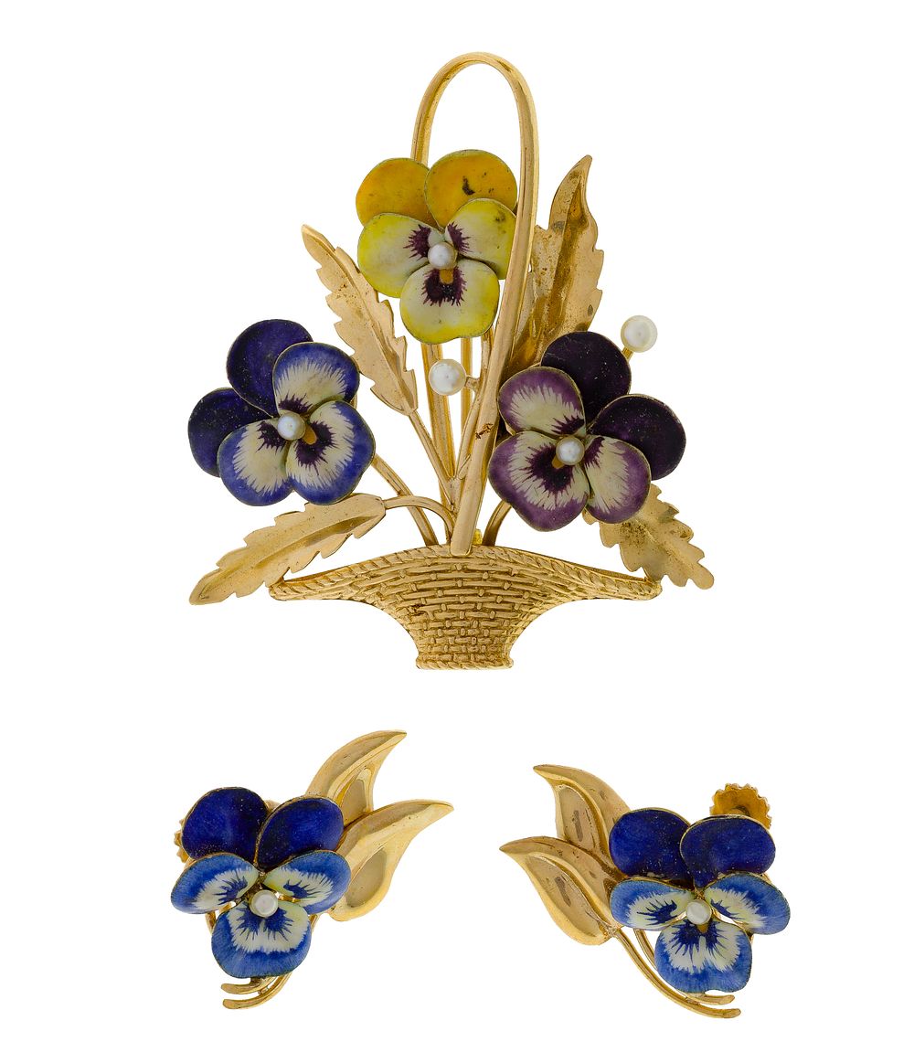 Lot 257: 14k Yellow Gold, Enamel and Pearl Brooch and Earrings