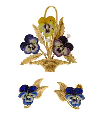 14k Yellow Gold, Enamel and Pearl Brooch and Earrings (2) items including a basket-form brooch 