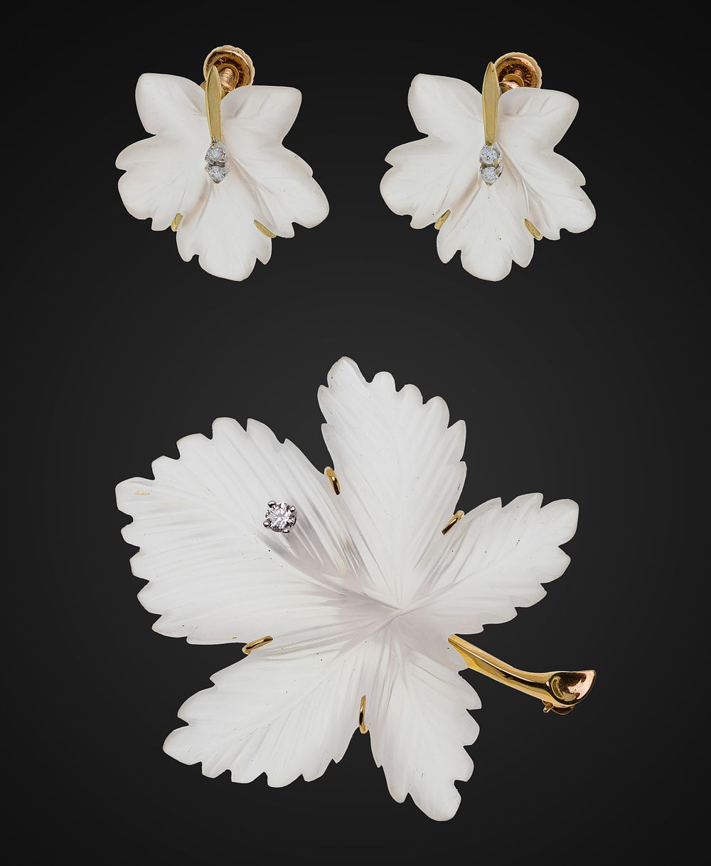 Lot 259: 14k Yellow Gold, Rock Crystal and Diamond Brooch and Earring Suite