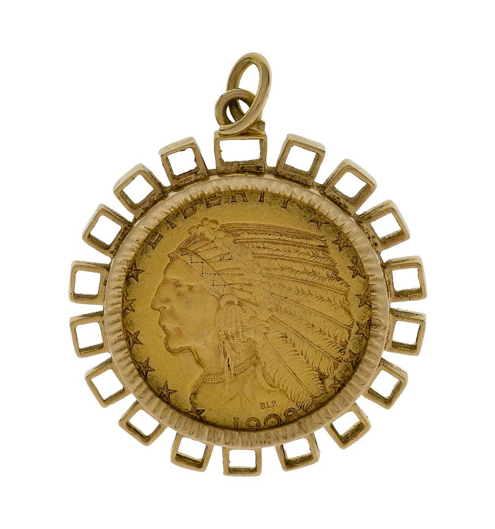Lot 268: 1908 Indian $5 Gold Coin in 14k Yellow Gold Bail