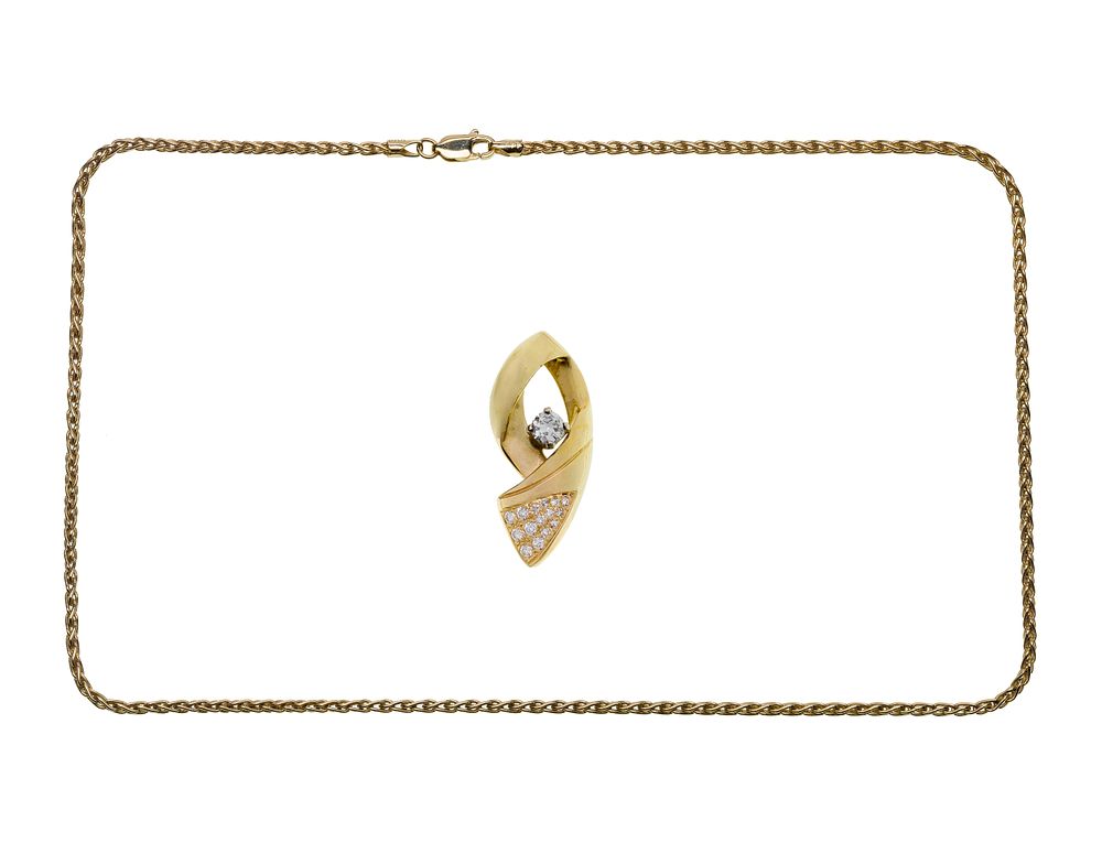 Lot 272: 14k Yellow Gold and Diamond Pendant on Necklace