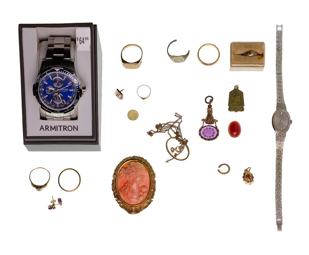 Lot 304: 14k and 10k Gold, Costume Jewelry and Wristwatch Assortment