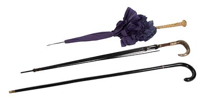 Umbrella and Walking Stick Assortment (3) items including a ruffle-edged umbrella having an 