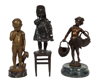 Bronze Sculpture Assortment (3) items including an unsigned depiction of a girl carrying two 