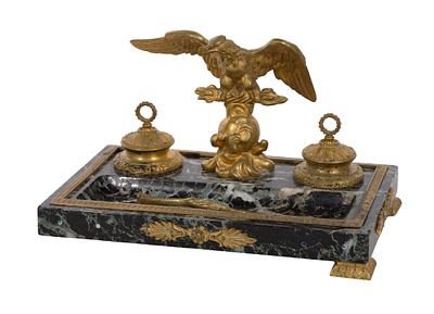 Marble and Brass Desk Set Having ornately cast brass eagle, inkwells, border and feet attached 