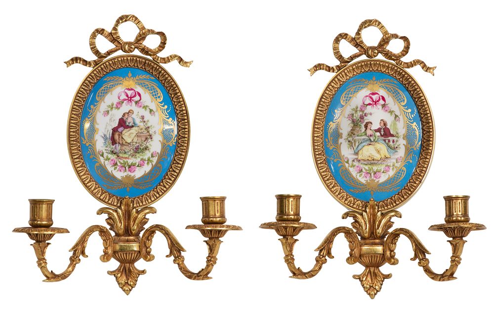 Lot 402: Sevres Style Porcelain and Ormolu Wall Sconces