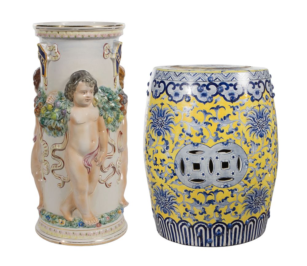 Lot 403: Capodimonte Umbrella Stand and Chinese Garden Stool