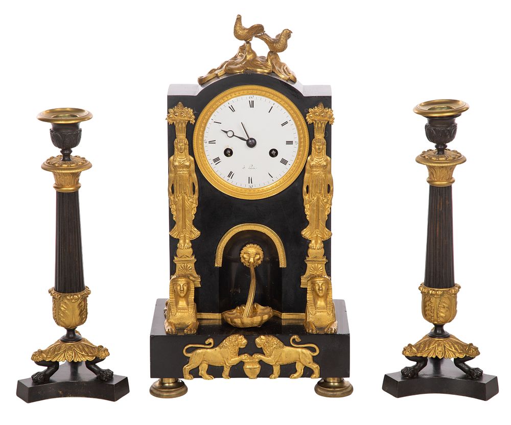 Lot 408: French Mantel Clock and Garniture Set