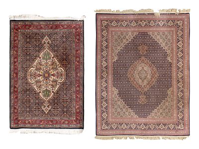 Persian Wool Rugs (2) hand woven items including a floral motif in hues of mauve, grey, blue 