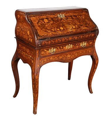 Dutch Marquetry Slant Top Desk Floral motif inlaid throughout, front opens to writing 